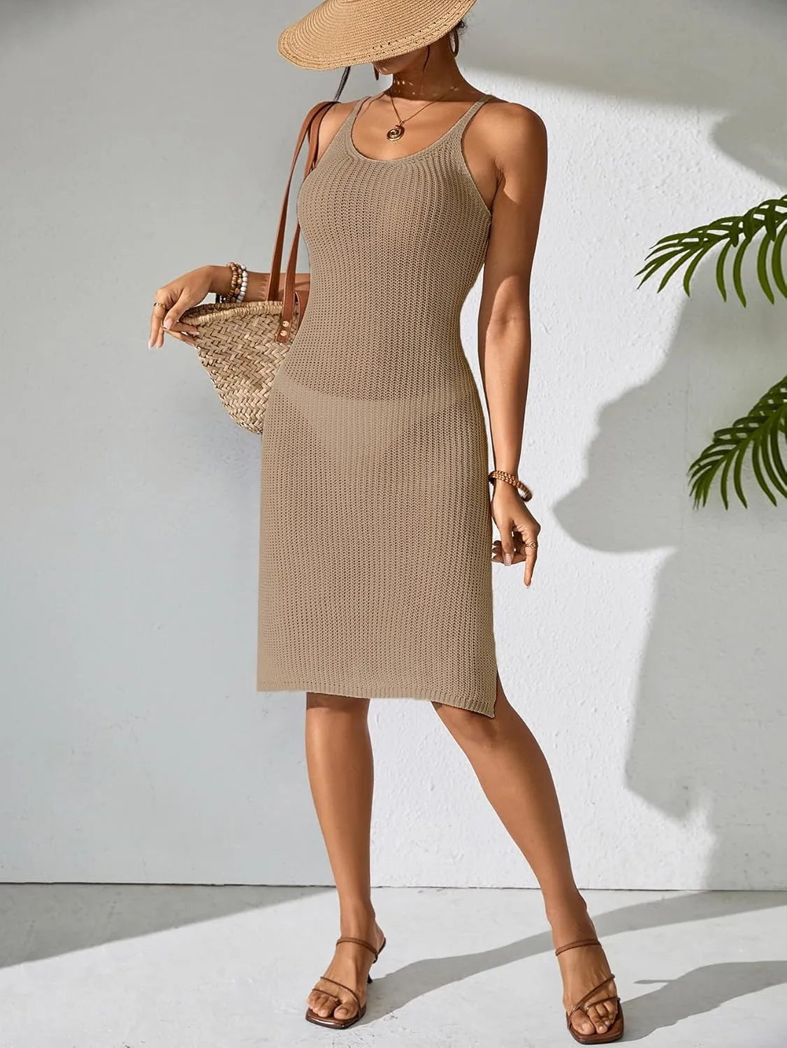 Womens Crochet Slim Fit Beach Dresses Summer 2025 Backless Scoop Neck Side Slit Bathing Suit Cover Up Midi Dress