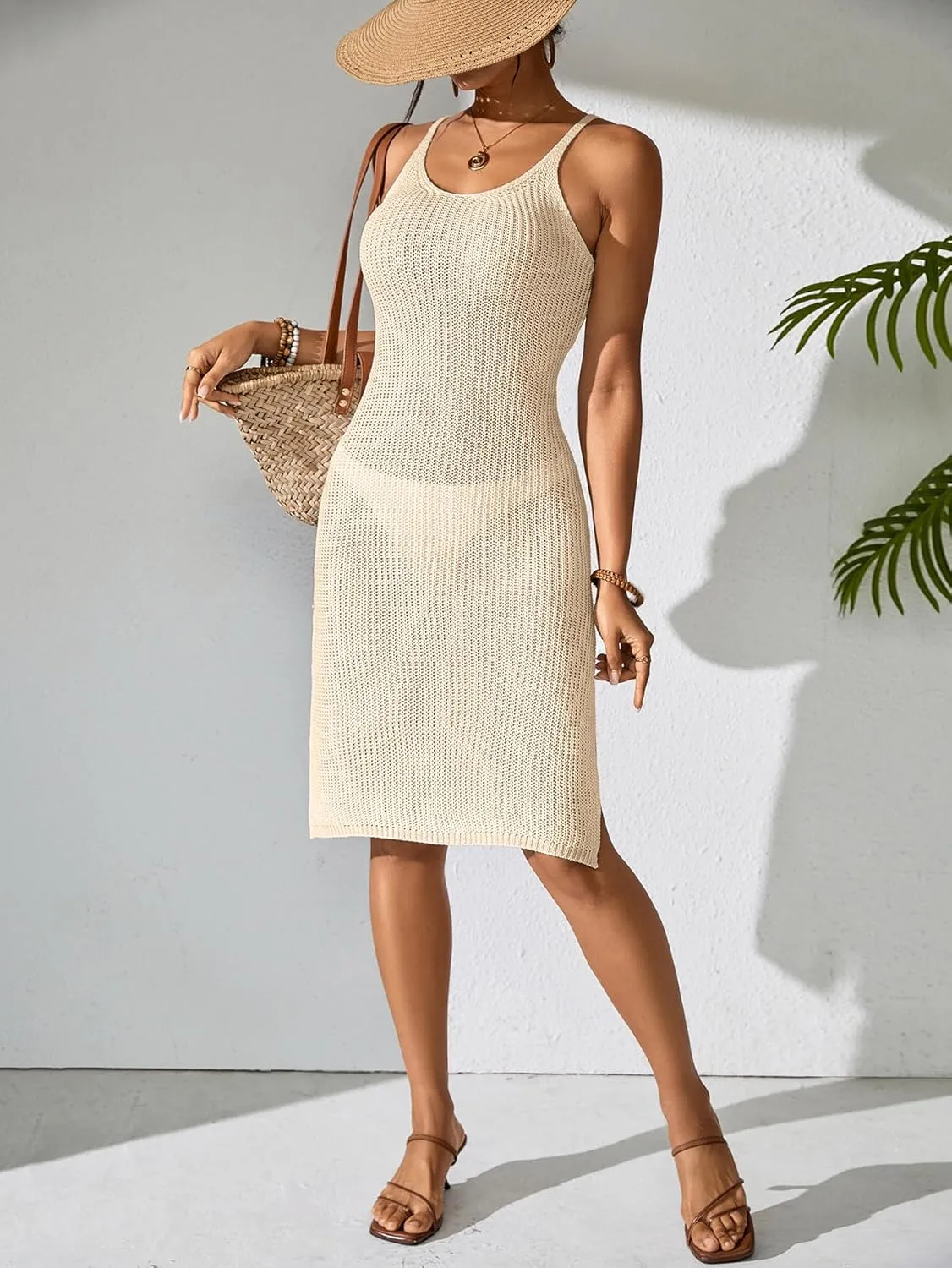 Womens Crochet Slim Fit Beach Dresses Summer 2025 Backless Scoop Neck Side Slit Bathing Suit Cover Up Midi Dress