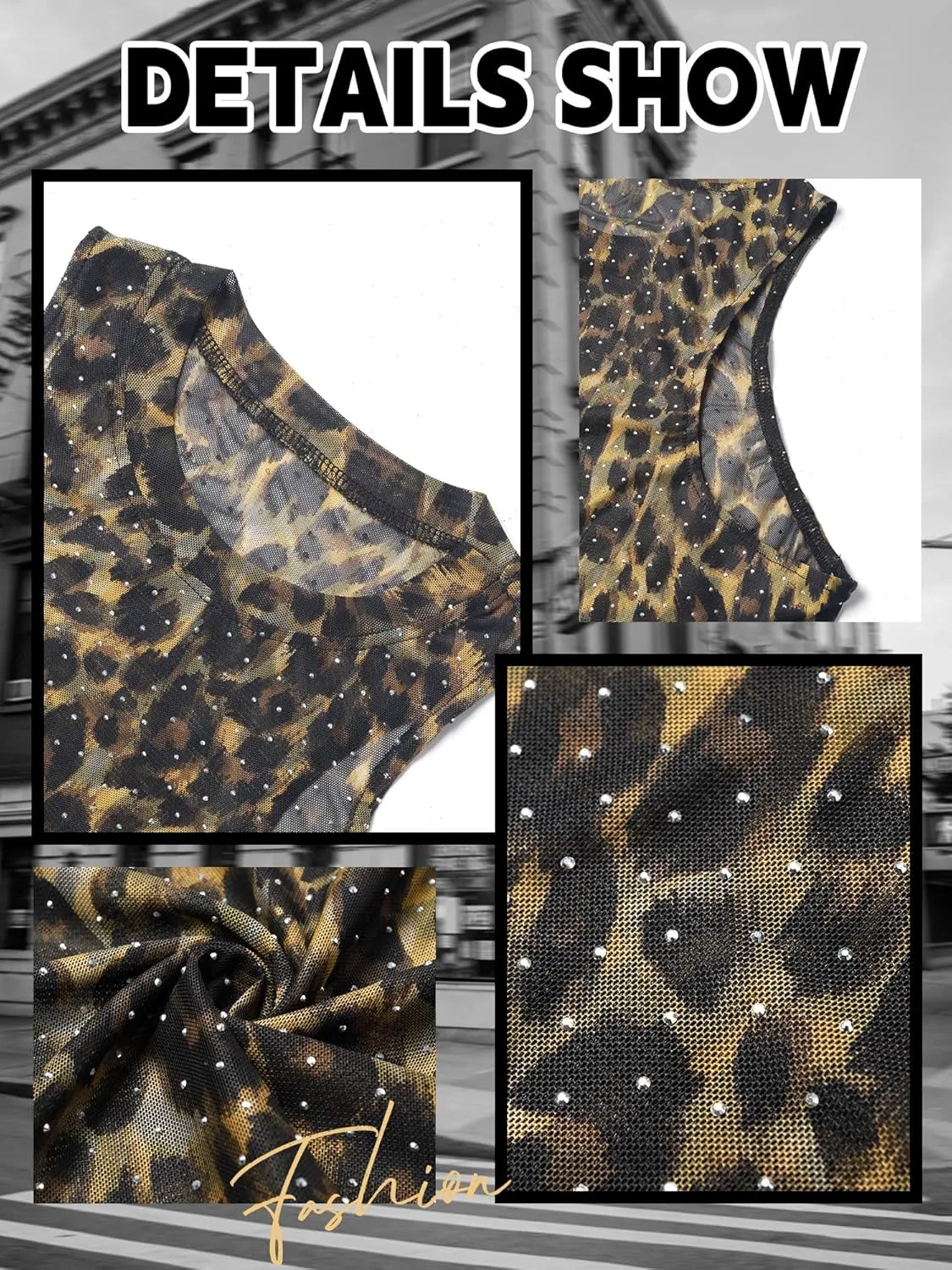 Womens Leopard Rhinestone Mesh Crop Top Sparkly Cheetah Sheer Cropped Tank Tops See Through Party Club Concert Top