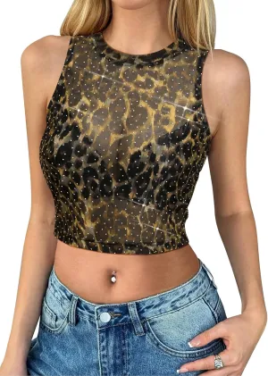 Womens Leopard Rhinestone Mesh Crop Top Sparkly Cheetah Sheer Cropped Tank Tops See Through Party Club Concert Top