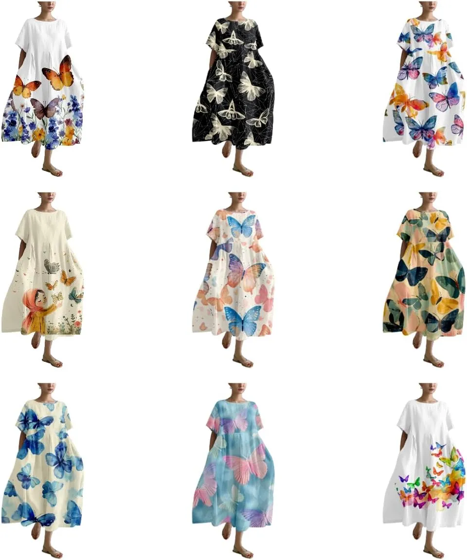 Women's Maxi Dress Casual Trendy Short Sleeve Crew Neck Boho Butterfly Print Plus Size T Shirts Dress
