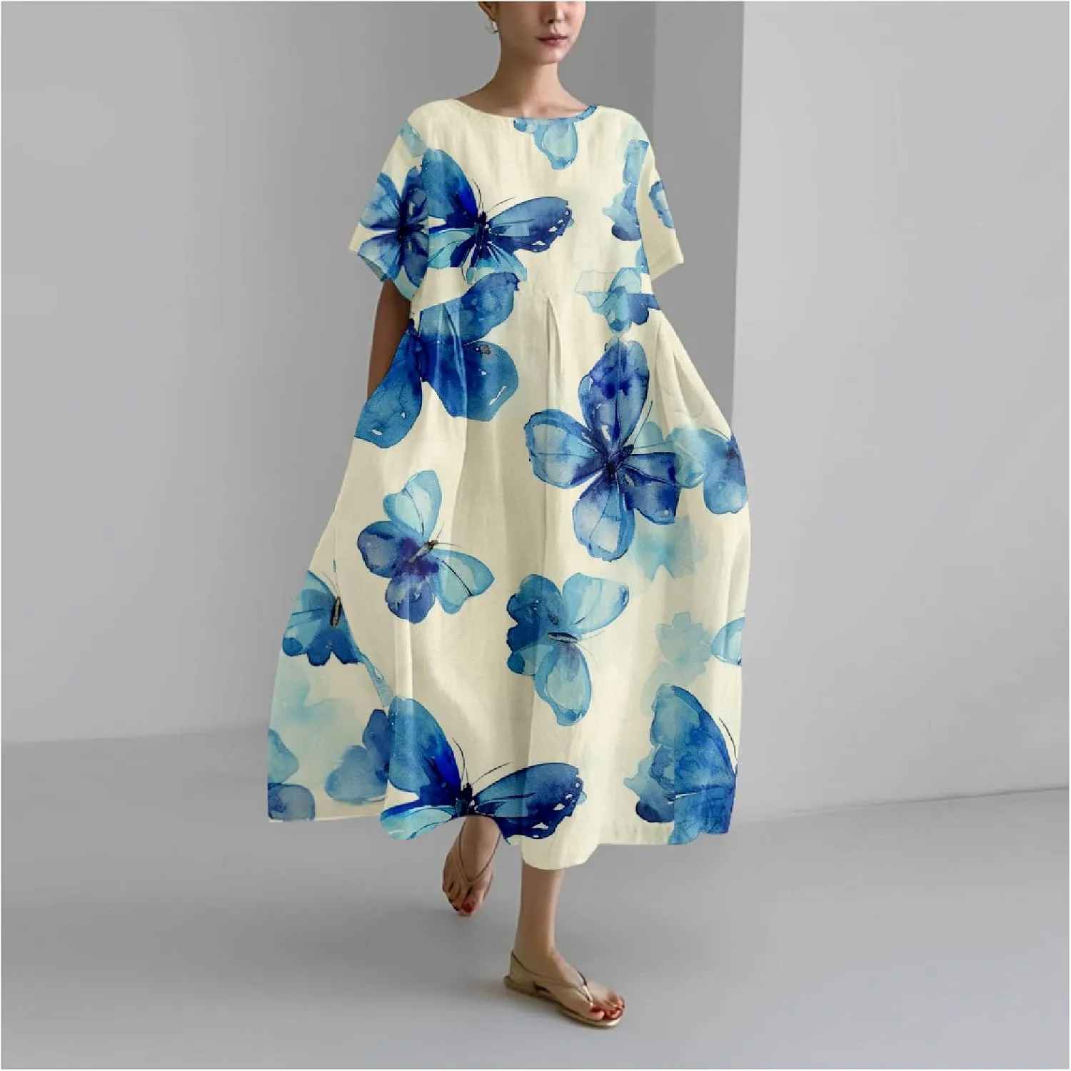 Women's Maxi Dress Casual Trendy Short Sleeve Crew Neck Boho Butterfly Print Plus Size T Shirts Dress