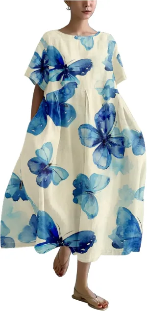Women's Maxi Dress Casual Trendy Short Sleeve Crew Neck Boho Butterfly Print Plus Size T Shirts Dress