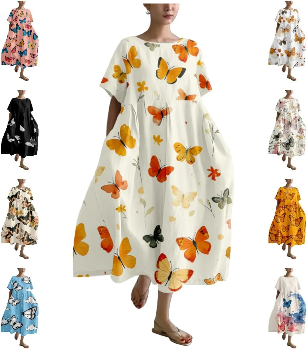 Women's Maxi Dress Casual Trendy Short Sleeve Crew Neck Boho Butterfly Print Plus Size T Shirts Dress
