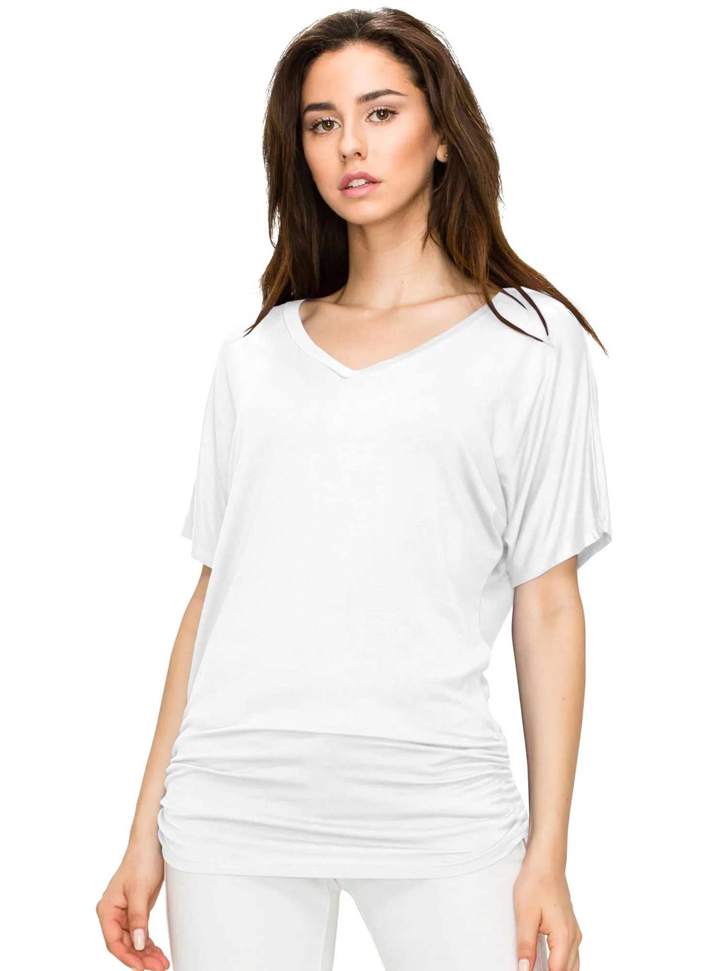Womens Solid Short Sleeve V-Neck Dolman Top with Side Shirring