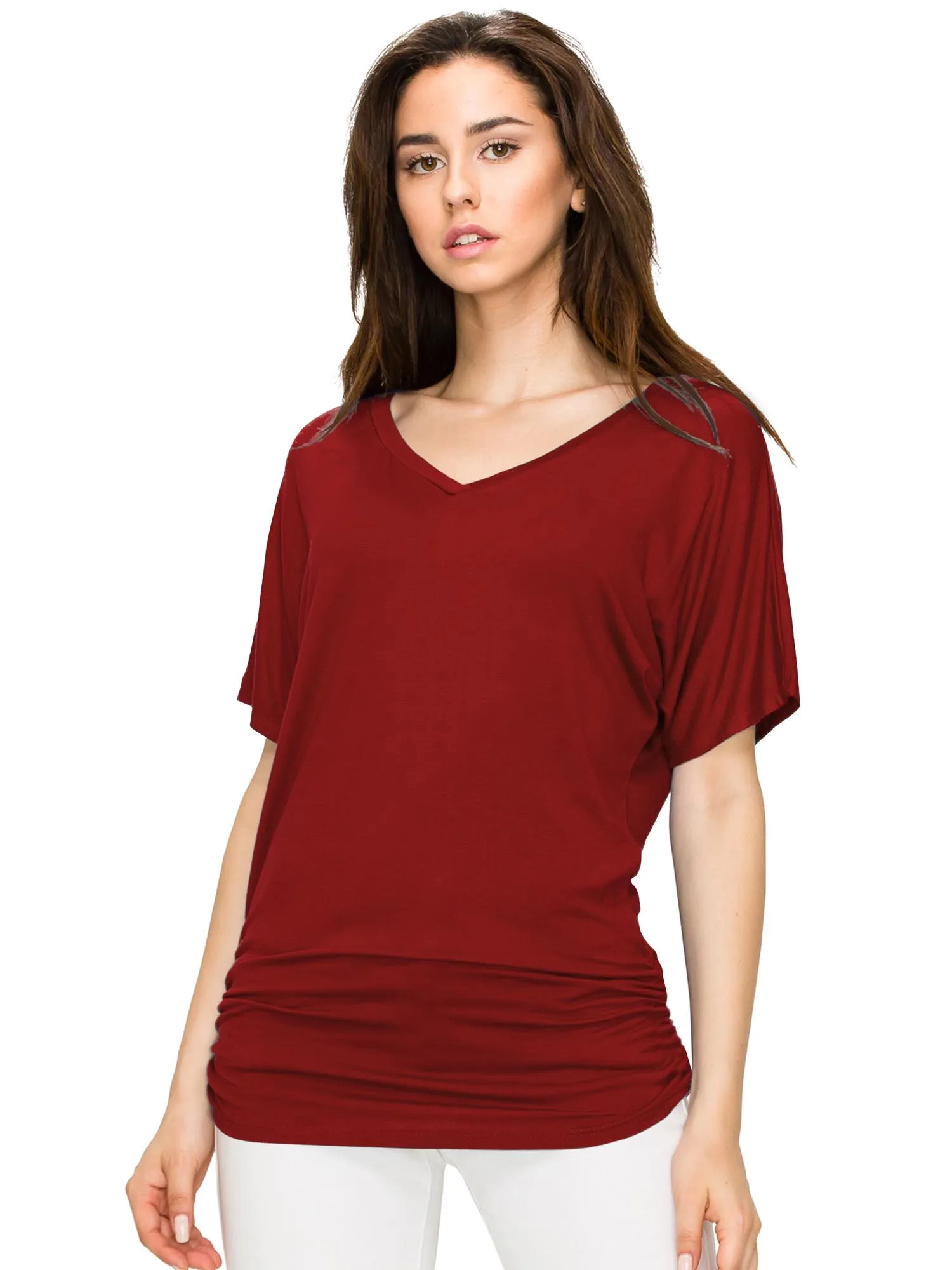 Womens Solid Short Sleeve V-Neck Dolman Top with Side Shirring