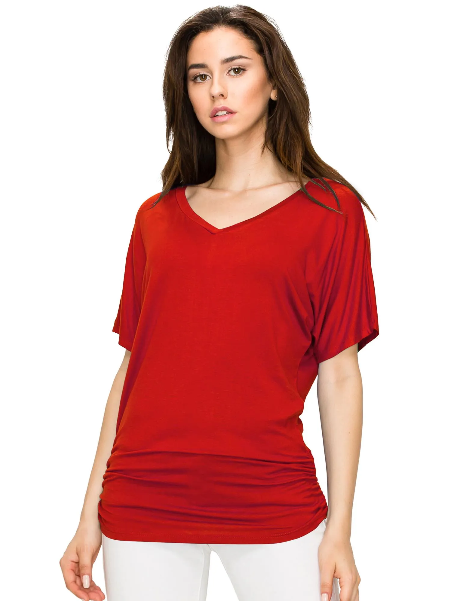 Womens Solid Short Sleeve V-Neck Dolman Top with Side Shirring