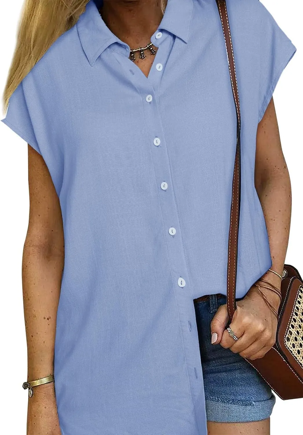 Womens Work Blouses Cap Sleeve Button Down Tops V Neck Collared Casual Business Plain Basic Summer Shirts