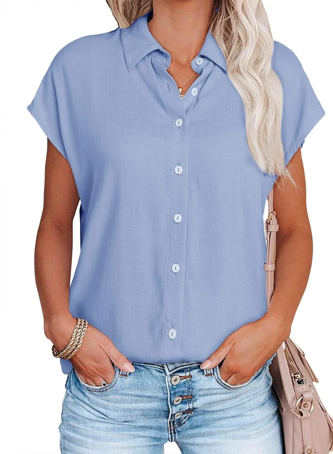 Womens Work Blouses Cap Sleeve Button Down Tops V Neck Collared Casual Business Plain Basic Summer Shirts