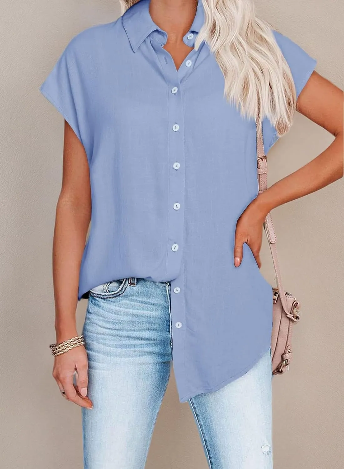 Womens Work Blouses Cap Sleeve Button Down Tops V Neck Collared Casual Business Plain Basic Summer Shirts