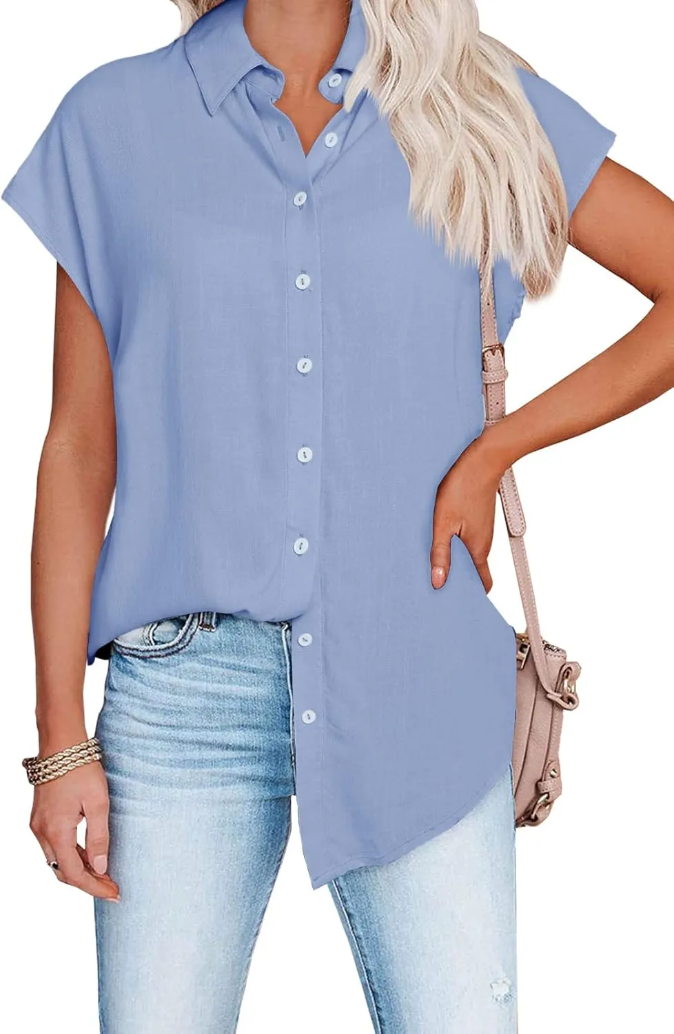 Womens Work Blouses Cap Sleeve Button Down Tops V Neck Collared Casual Business Plain Basic Summer Shirts