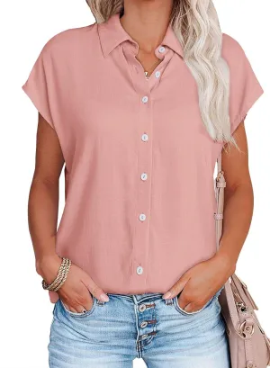 Womens Work Blouses Cap Sleeve Button Down Tops V Neck Collared Casual Business Plain Basic Summer Shirts