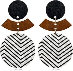 Wooden Earrings Unique Handmade Lightweight Black And White Round Geometry Earrings Vintage Bohemian Round Earrings for Women