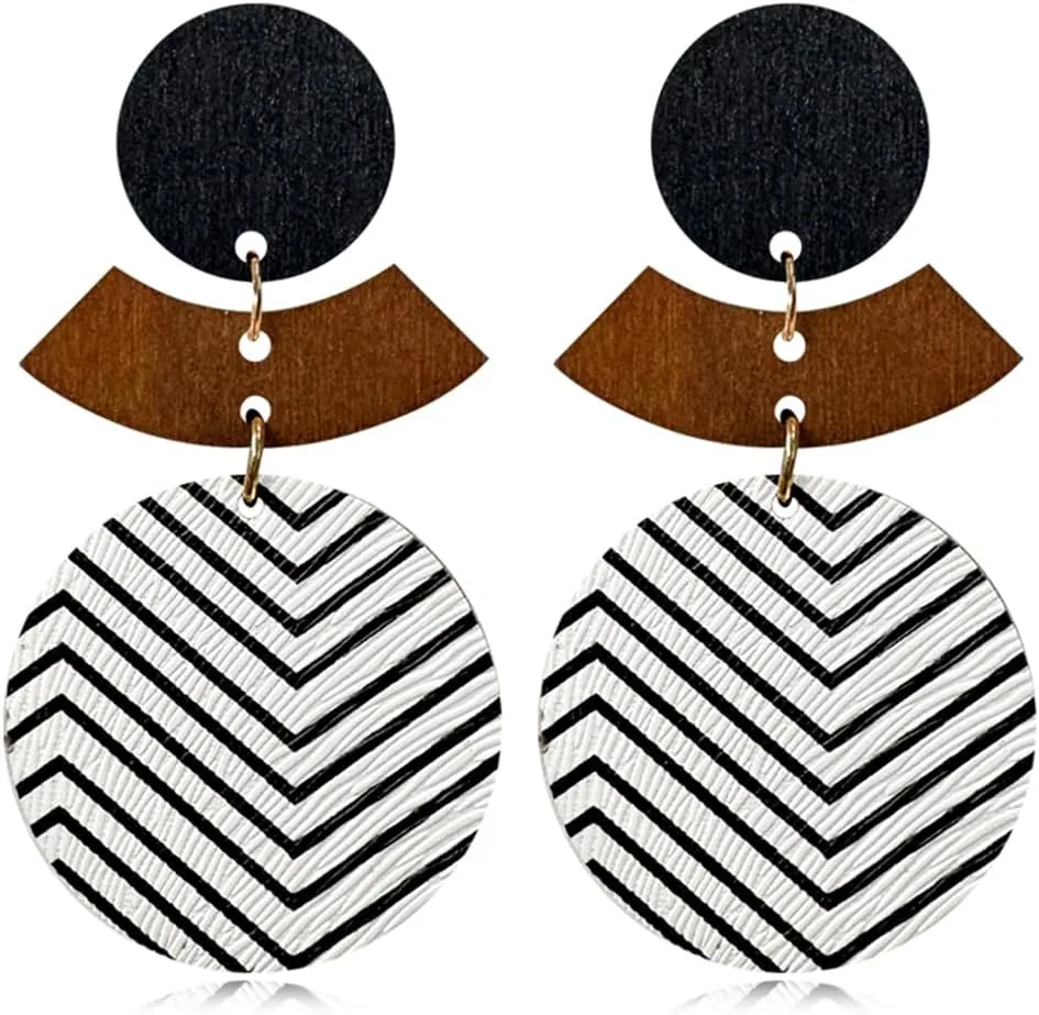 Wooden Earrings Unique Handmade Lightweight Black And White Round Geometry Earrings Vintage Bohemian Round Earrings for Women