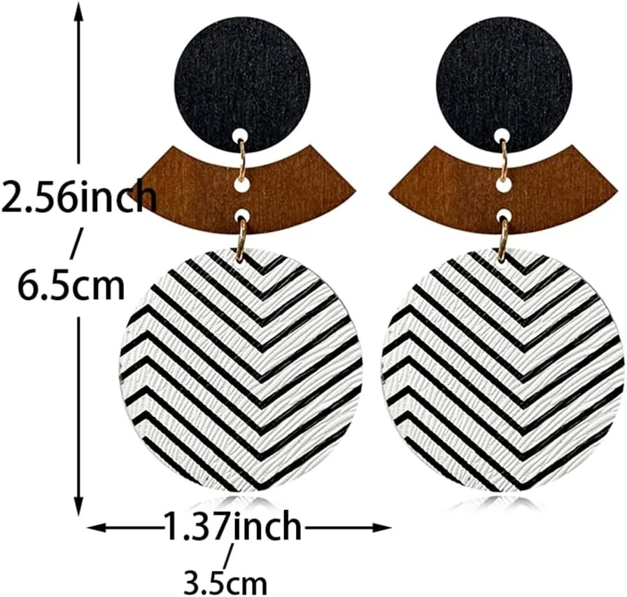 Wooden Earrings Unique Handmade Lightweight Black And White Round Geometry Earrings Vintage Bohemian Round Earrings for Women