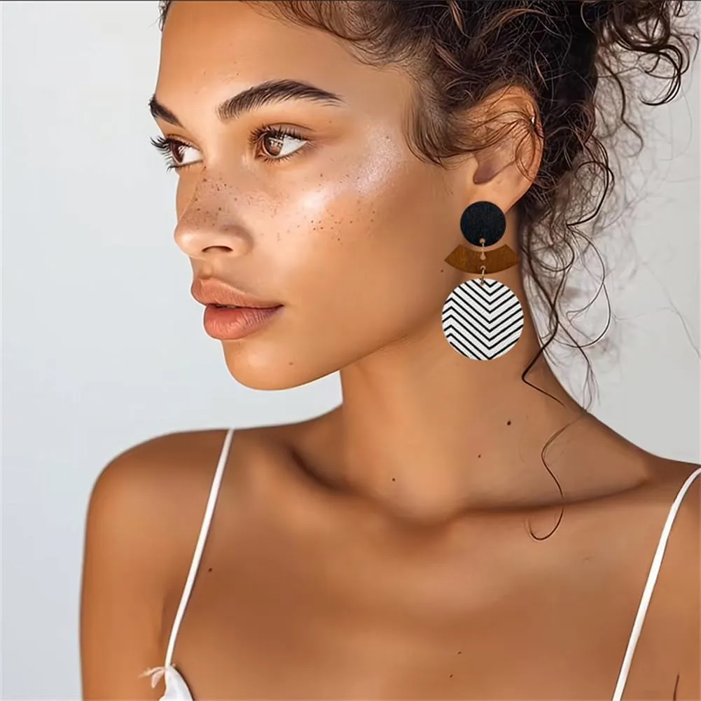 Wooden Earrings Unique Handmade Lightweight Black And White Round Geometry Earrings Vintage Bohemian Round Earrings for Women