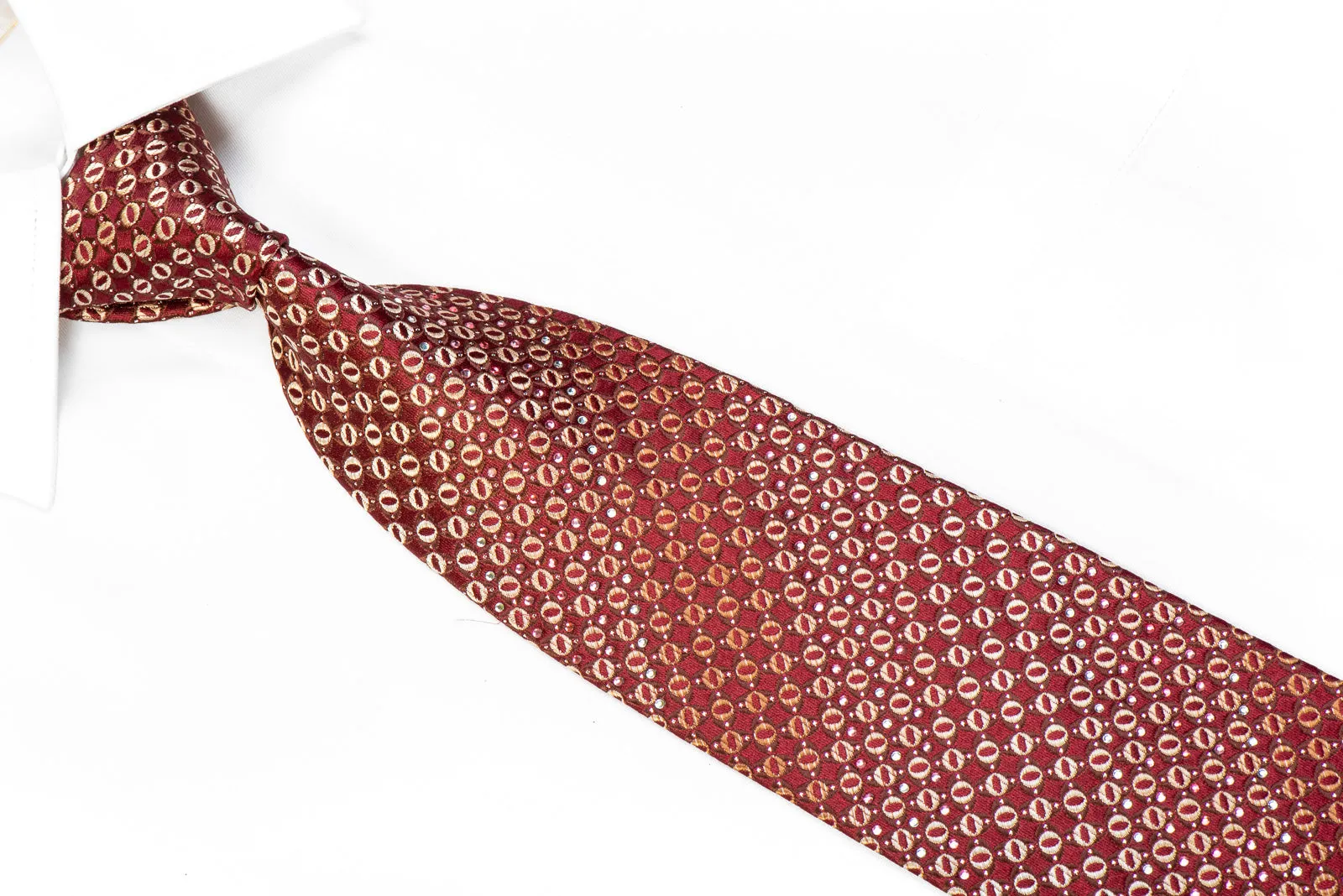 Yezak Rhinestone Silk Necktie Golden Geometric On Burgundy With Silver Sparkles