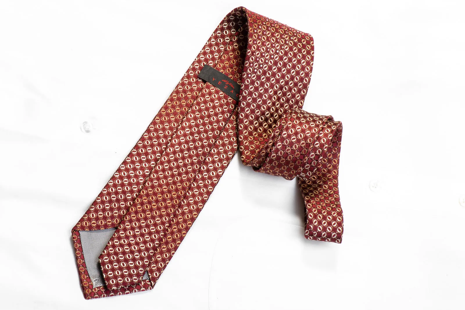 Yezak Rhinestone Silk Necktie Golden Geometric On Burgundy With Silver Sparkles