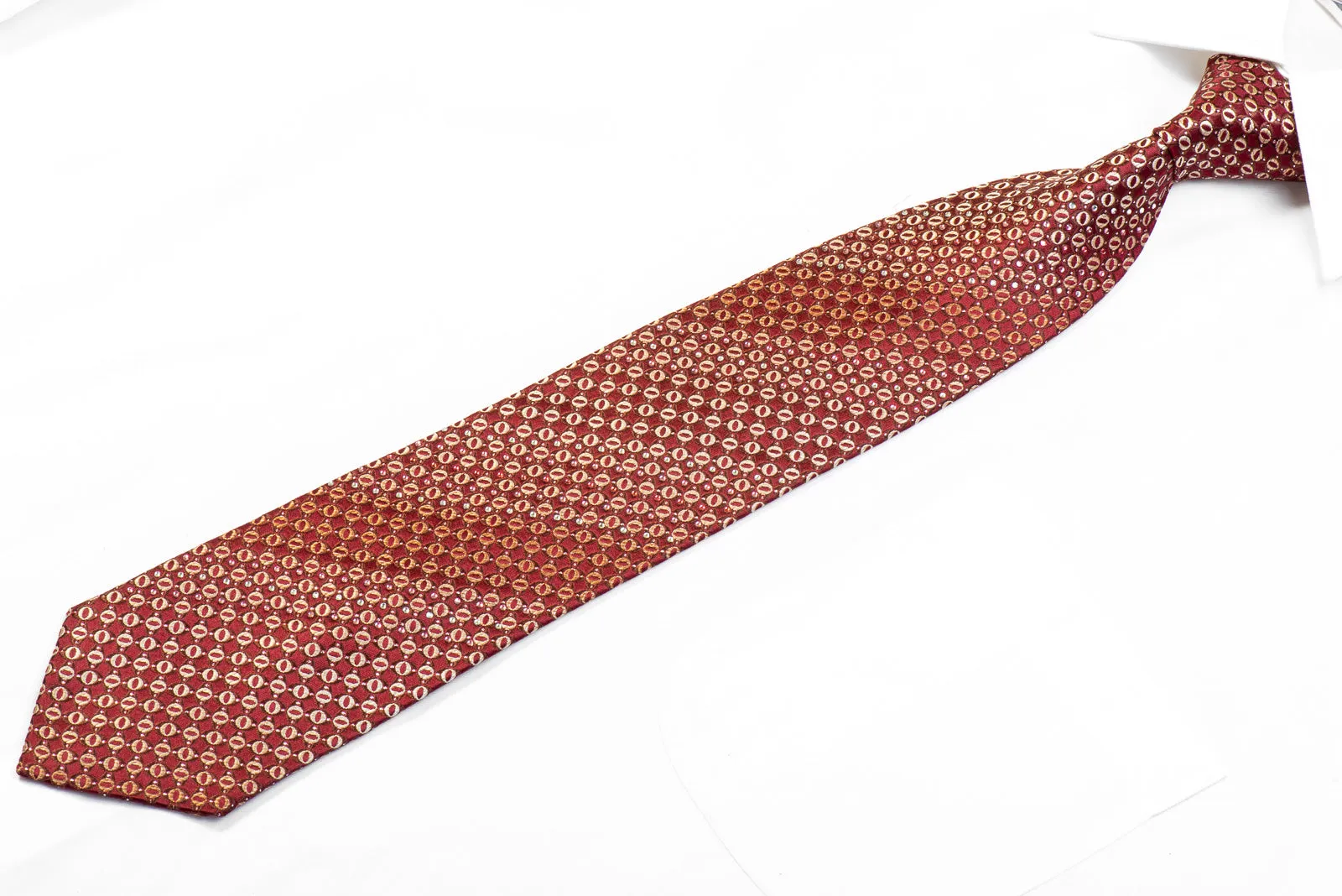 Yezak Rhinestone Silk Necktie Golden Geometric On Burgundy With Silver Sparkles