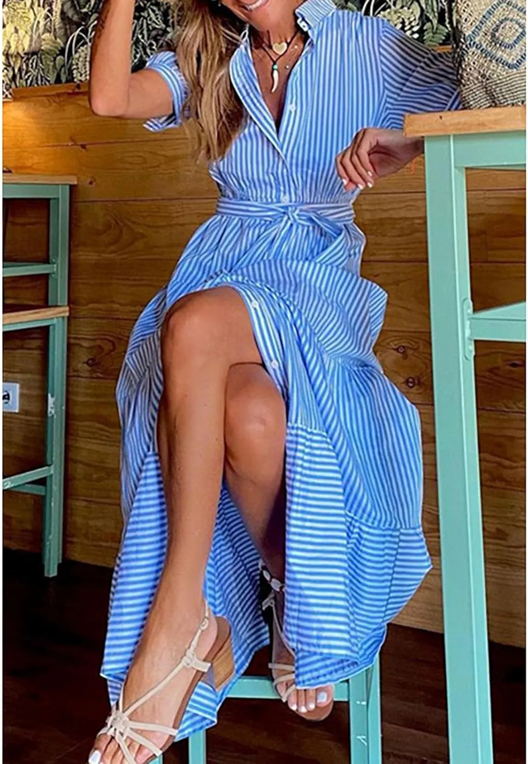Yuopeid Women's Fashion Striped Print Shirt Long Dress Short Sleeve Button Down with Belt Tiered Casual Party Maxi Dress
