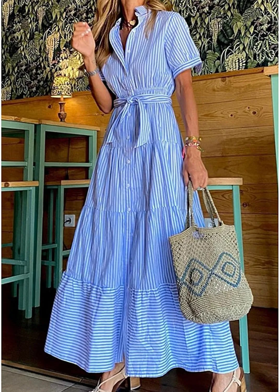 Yuopeid Women's Fashion Striped Print Shirt Long Dress Short Sleeve Button Down with Belt Tiered Casual Party Maxi Dress