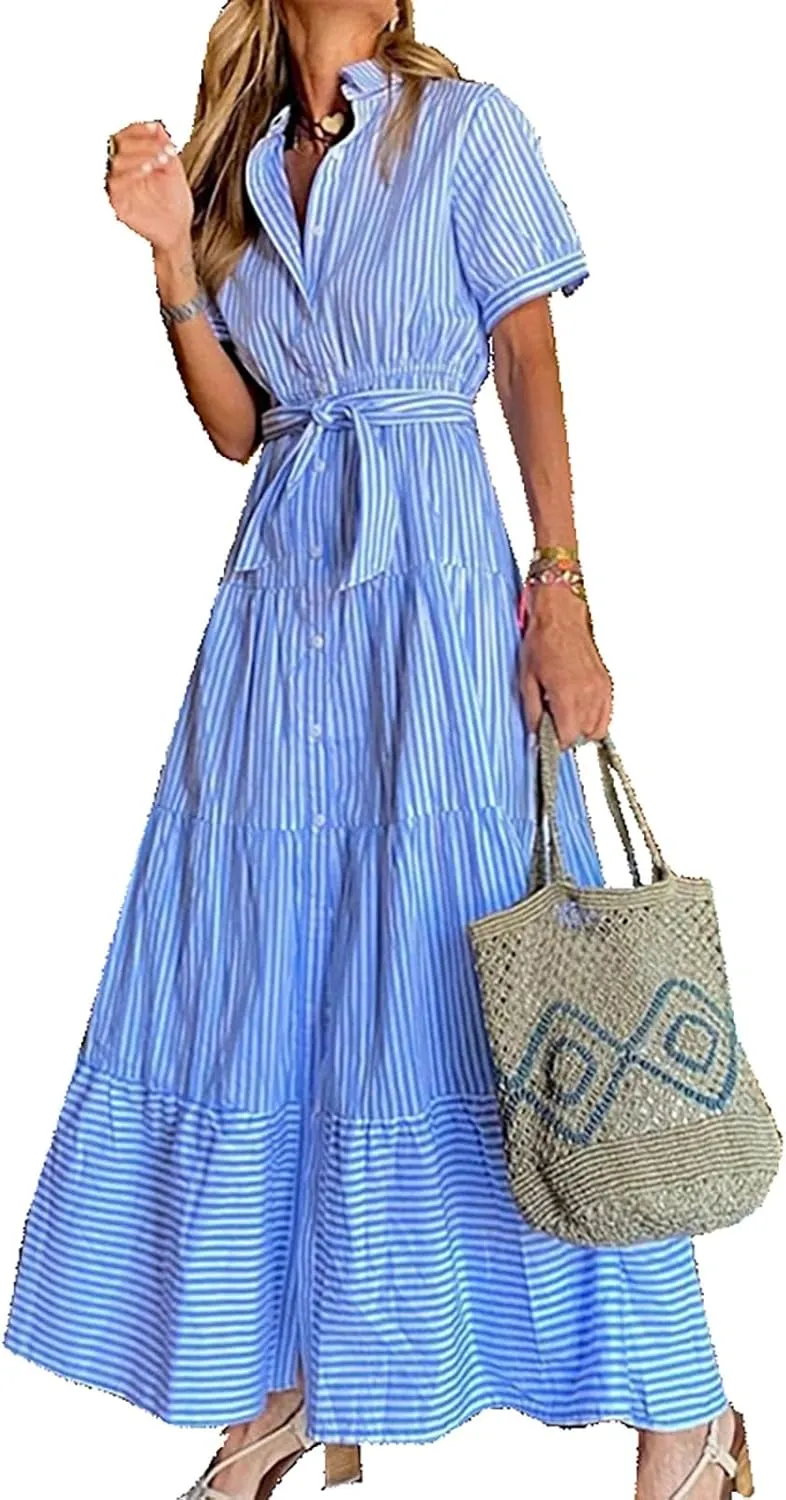 Yuopeid Women's Fashion Striped Print Shirt Long Dress Short Sleeve Button Down with Belt Tiered Casual Party Maxi Dress