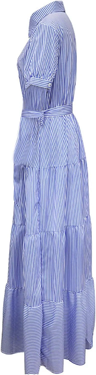 Yuopeid Women's Fashion Striped Print Shirt Long Dress Short Sleeve Button Down with Belt Tiered Casual Party Maxi Dress