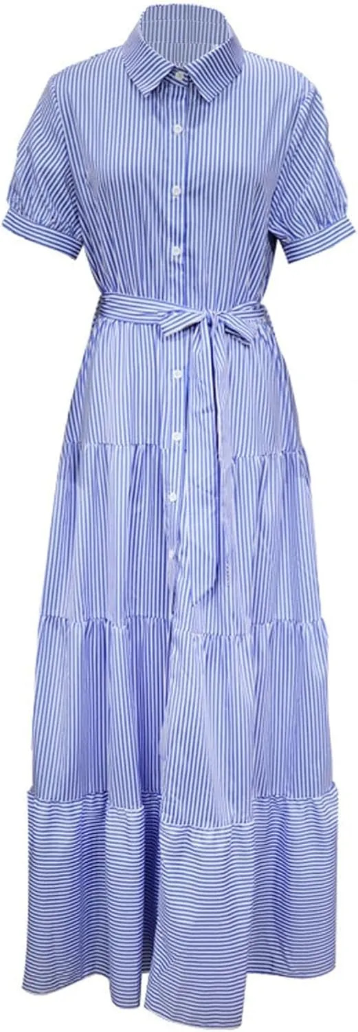 Yuopeid Women's Fashion Striped Print Shirt Long Dress Short Sleeve Button Down with Belt Tiered Casual Party Maxi Dress