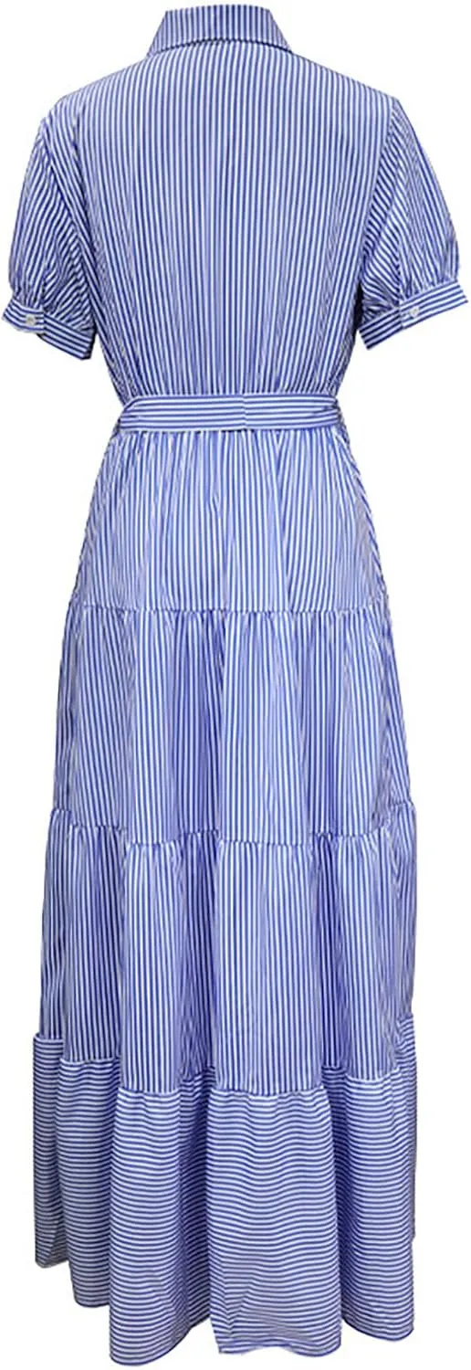Yuopeid Women's Fashion Striped Print Shirt Long Dress Short Sleeve Button Down with Belt Tiered Casual Party Maxi Dress