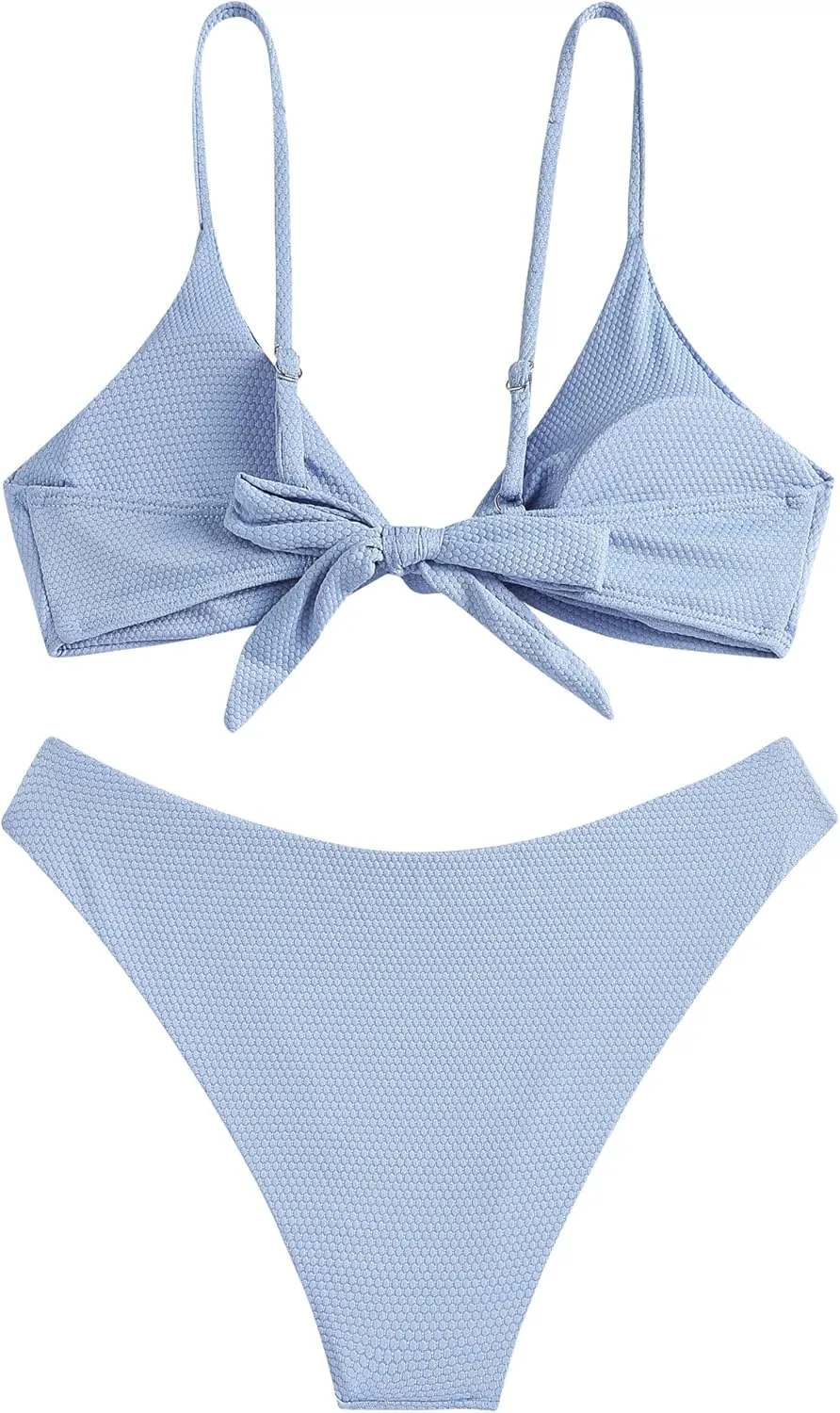 ZAFUL Women's Tie Knot Front Spaghetti Strap High Cut Bikini Set Swimsuit