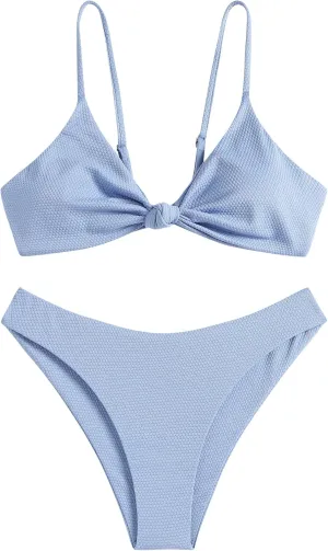 ZAFUL Women's Tie Knot Front Spaghetti Strap High Cut Bikini Set Swimsuit