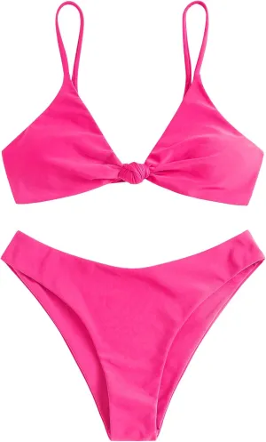 ZAFUL Women's Tie Knot Front Spaghetti Strap High Cut Bikini Set Swimsuit