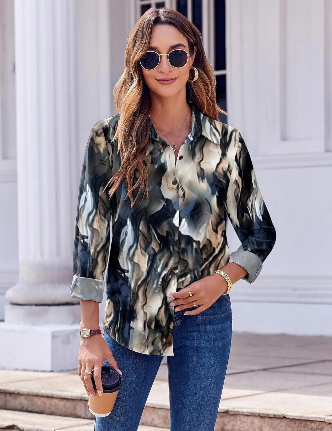 Zeagoo Button Down Shirts for Women Dressy Floral Printed Long Sleeve Blouse Business Casual Work Tops