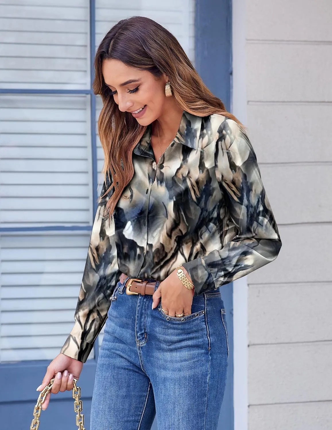 Zeagoo Button Down Shirts for Women Dressy Floral Printed Long Sleeve Blouse Business Casual Work Tops