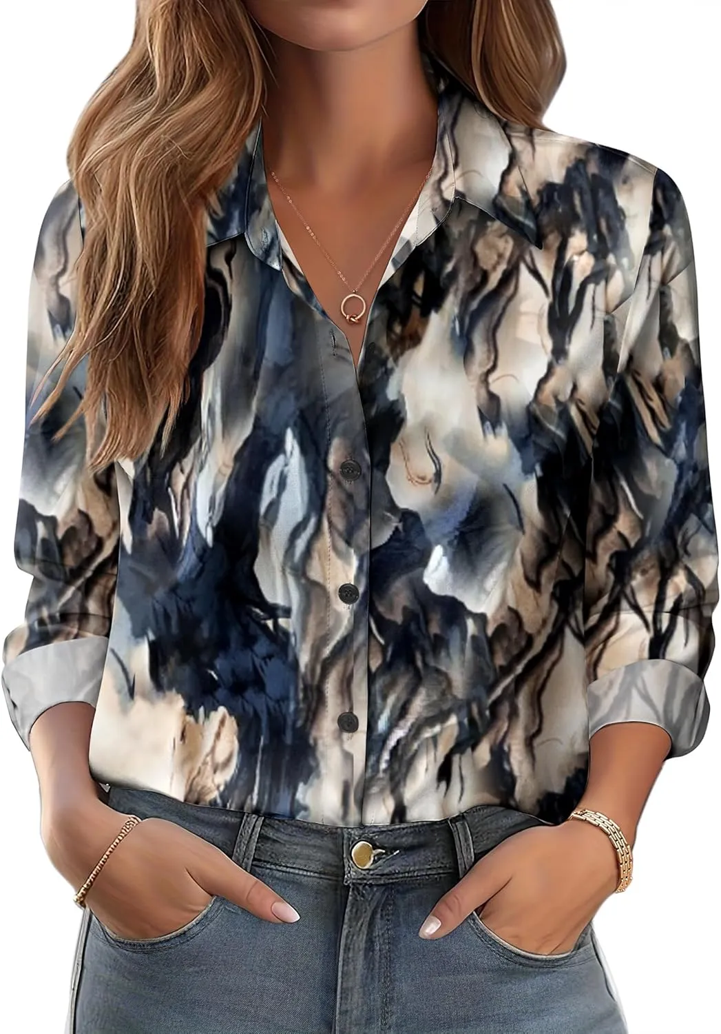 Zeagoo Button Down Shirts for Women Dressy Floral Printed Long Sleeve Blouse Business Casual Work Tops