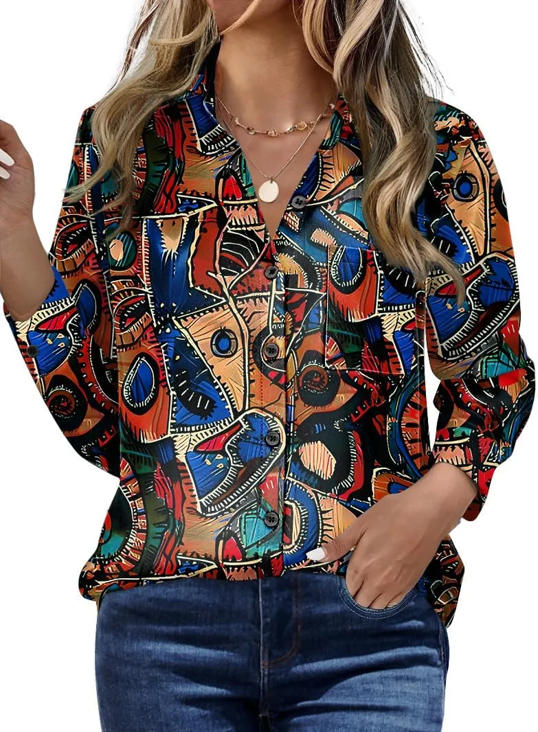 Zeagoo Womens Button Down Shirt Long Sleeve Blouse Business Work Tops Dressy Casual Floral Printed Outfits with Pocket