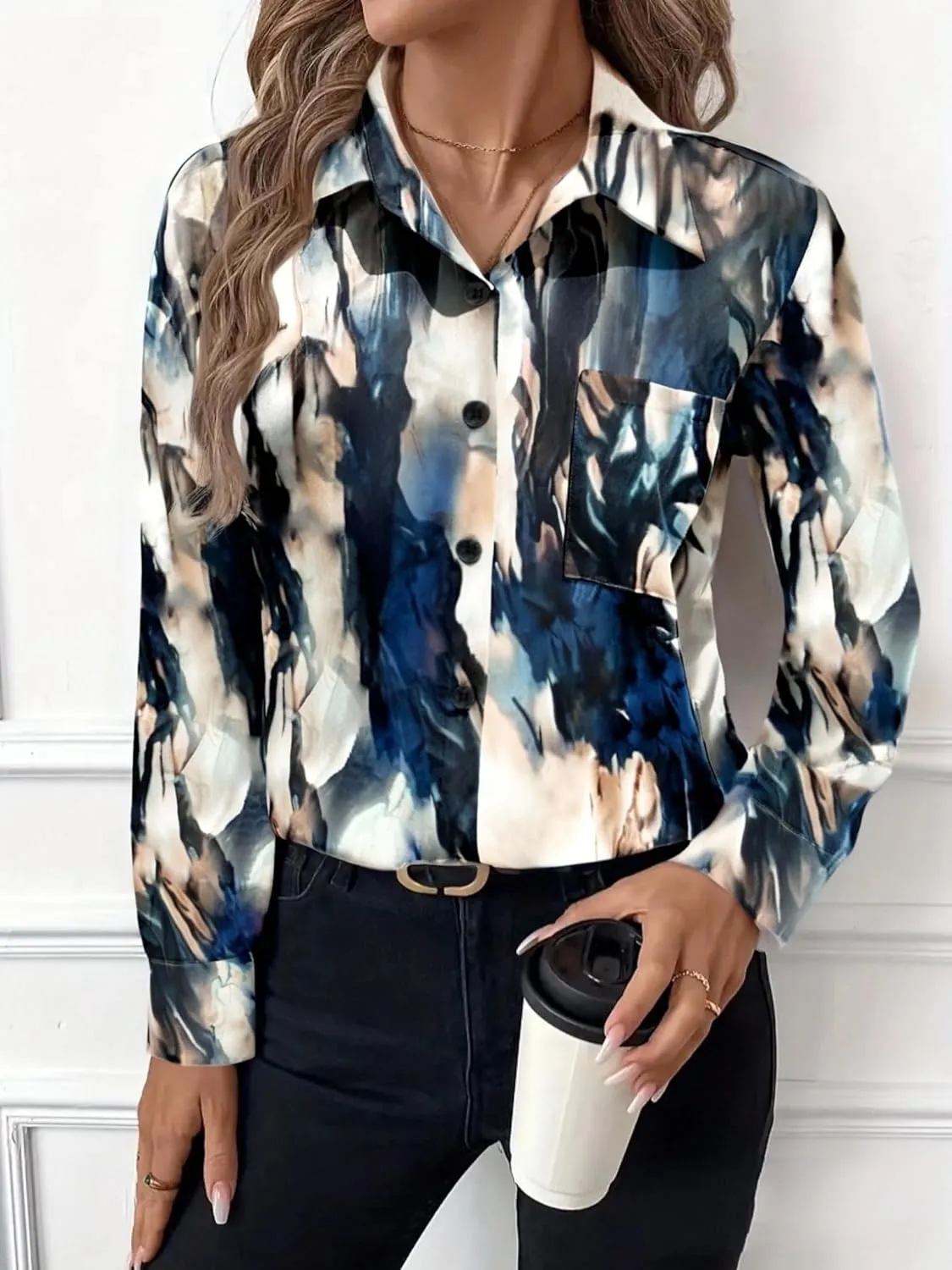 Zeagoo Womens Button Down Shirt Long Sleeve Blouse Business Work Tops Dressy Casual Floral Printed Outfits with Pocket