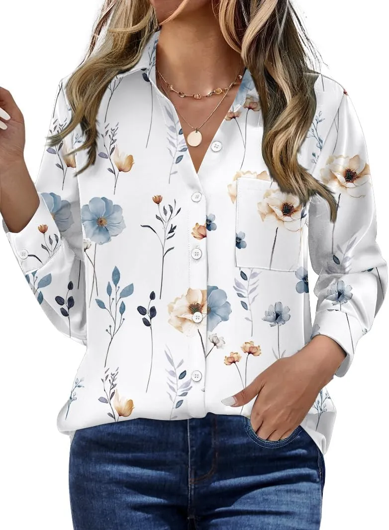 Zeagoo Womens Button Down Shirt Long Sleeve Blouse Business Work Tops Dressy Casual Floral Printed Outfits with Pocket