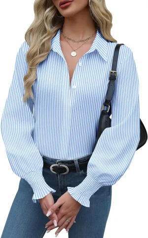 Zeagoo Womens Button Down Shirts Smocked Cuffed Blouses Printed Lantern Shirt Long Sleeve Tops Casual Collar Business Fashion