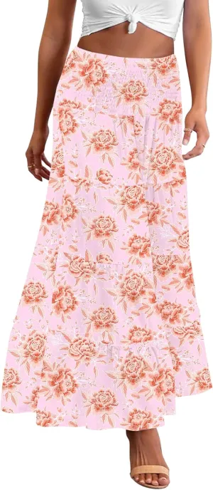 Zeagoo Women's Long Maxi Skirts Tiered Elastic High Waist Boho Double Layered Print A-Line Casual Midi Dress