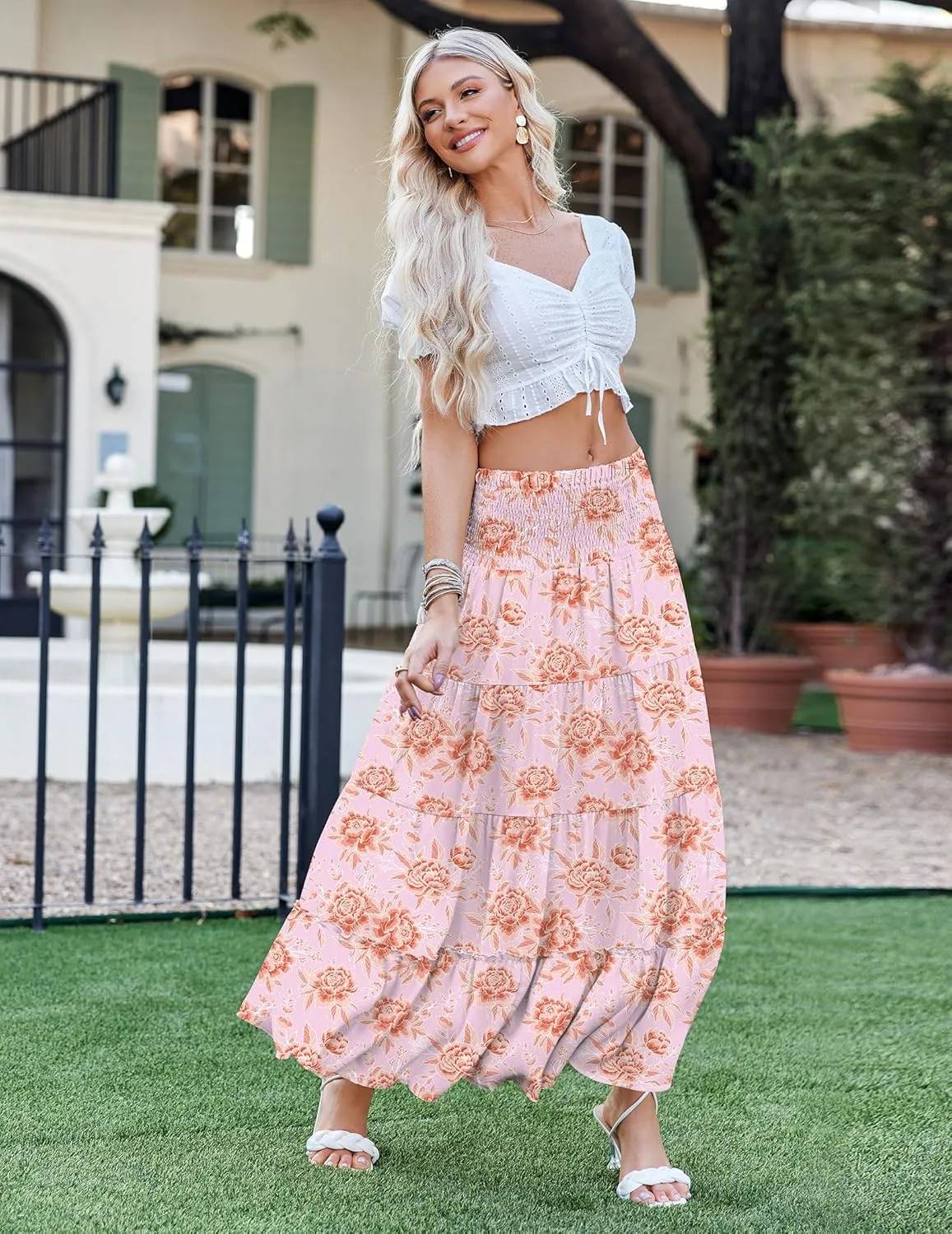 Zeagoo Women's Long Maxi Skirts Tiered Elastic High Waist Boho Double Layered Print A-Line Casual Midi Dress