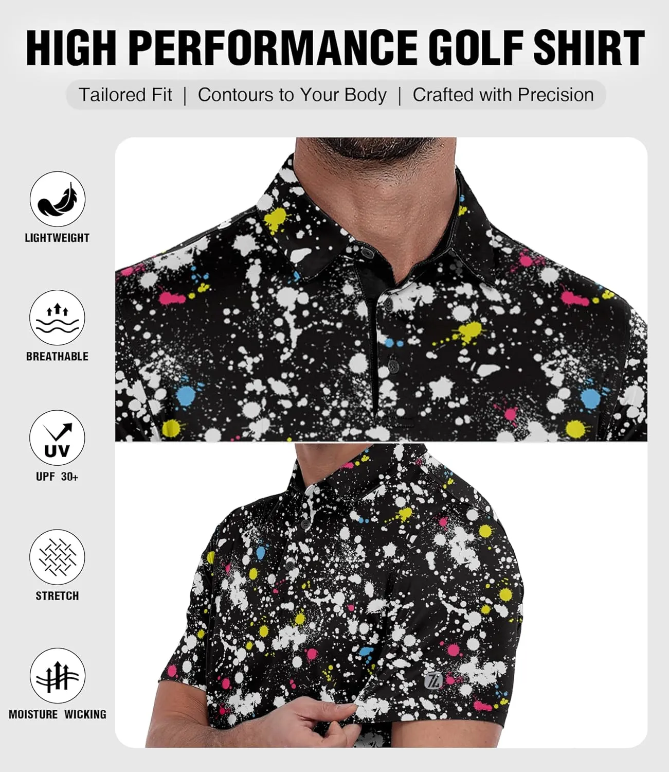 ZITY Men's Golf Polo Shirt Short Sleeve Performance Moisture Wicking Collared Print Shirt for Golf and Casual Wear
