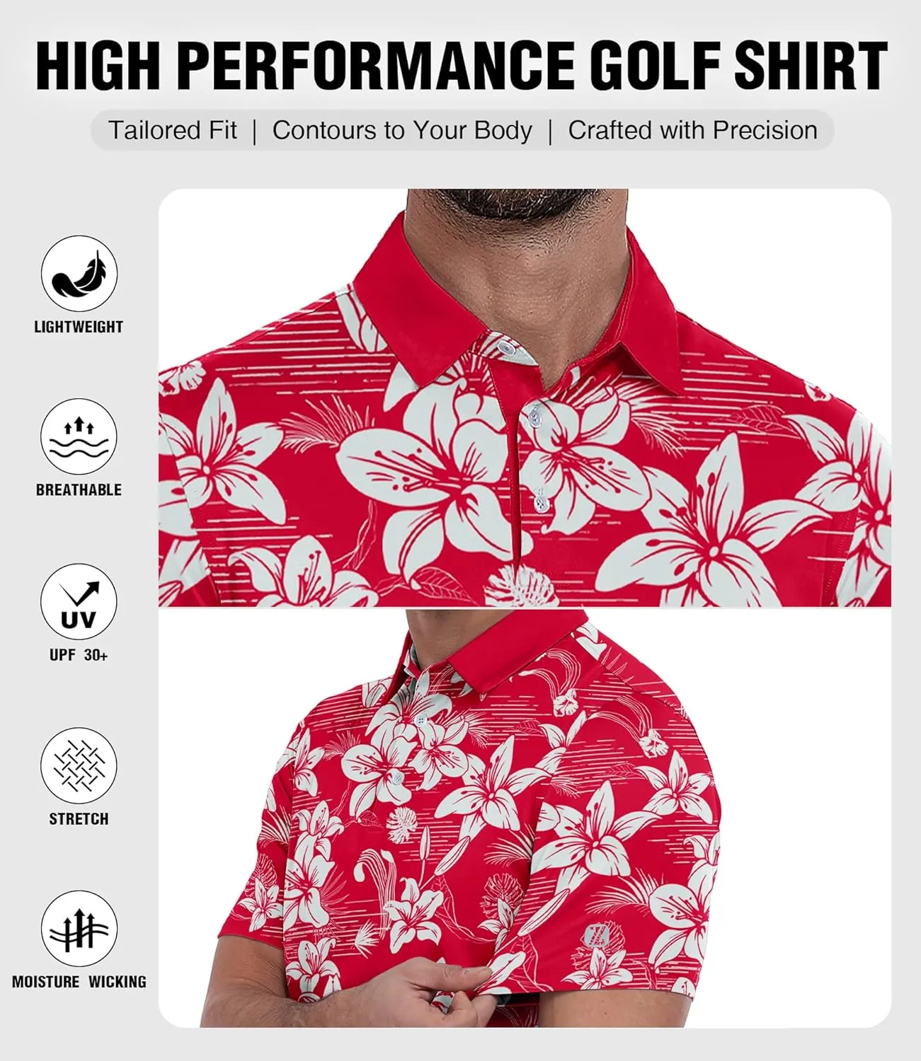 ZITY Men's Golf Polo Shirt Short Sleeve Performance Moisture Wicking Collared Print Shirt for Golf and Casual Wear