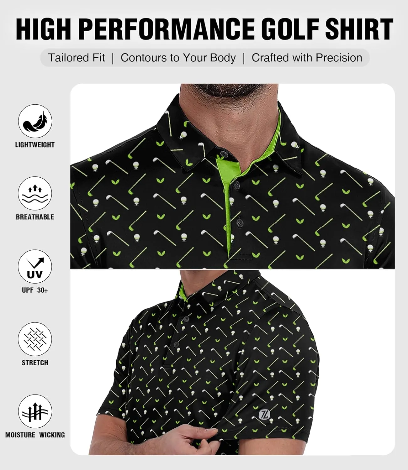 ZITY Men's Golf Polo Shirt Short Sleeve Performance Moisture Wicking Collared Print Shirt for Golf and Casual Wear